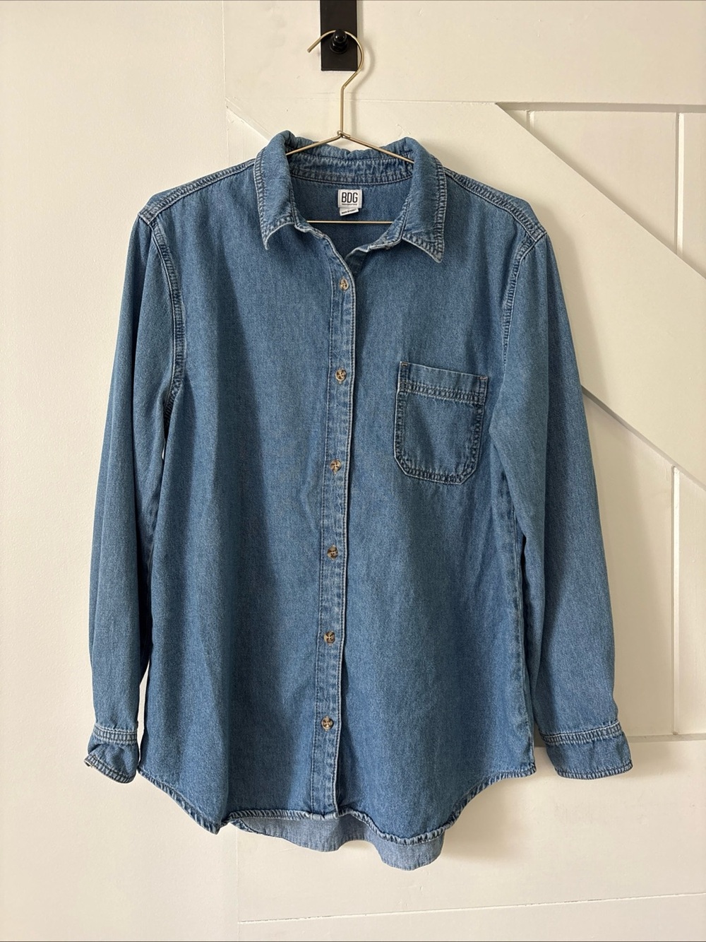 BDG Light Wash Denim Button Down Jean Shirt With Chest Pocket Urban Outfitters